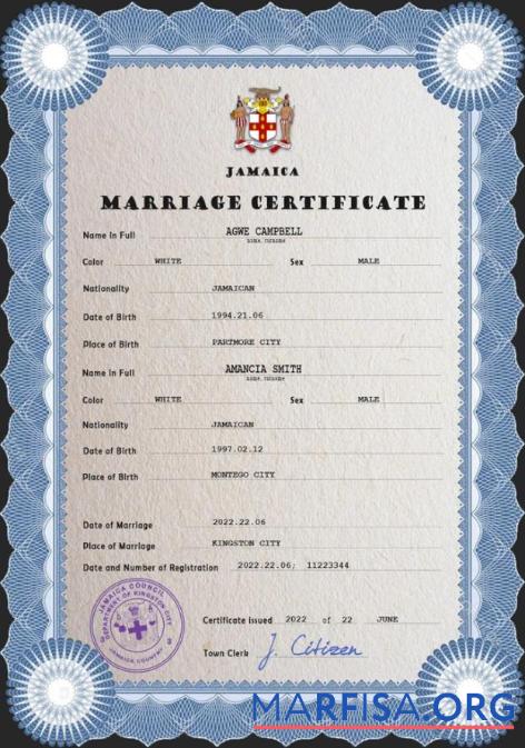 Printable Jamaica marriage certificate PSD template